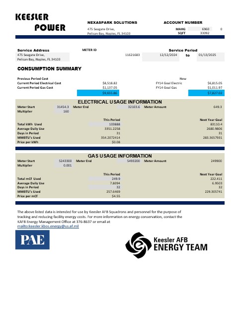 USA Mississippi Keesler AFB Energy business utility bill template in Word and PDF formats
